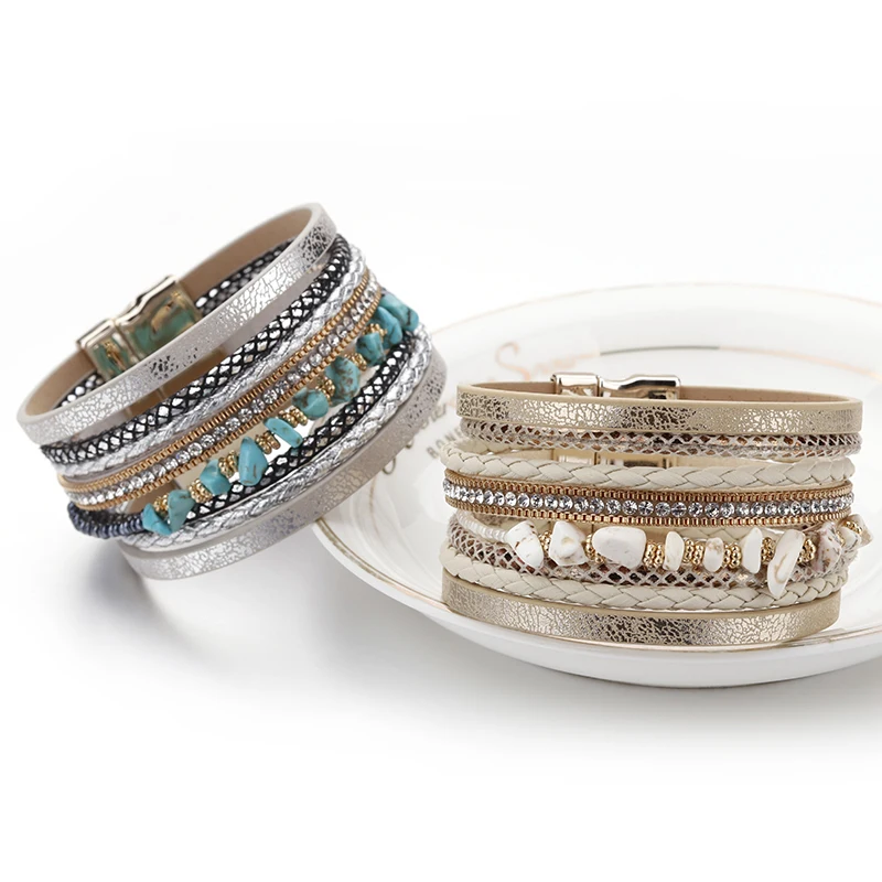 ALLYES Natural Stone Leather Bracelet Women Charm Retro Multilayer Crystal Snake Skin Wide Bracelets & Bangles Jewelry Gifts