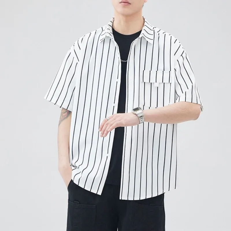 Summer Striped Solid Color Pockets Turn-down Collar Button Cardigan Shirt Coats Men's Clothing Short Sleeve Preppy Style Tops