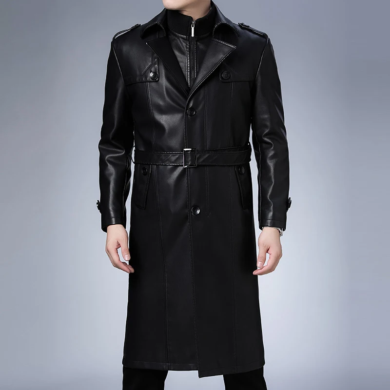 

Extra Long Pu Leather Jacket Men 2023 Winter New Belt Fleece Lined PU Leather Jacket Casual Warm Mens Trench Coat Windbreaker