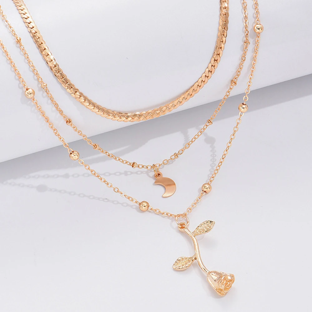Women Three Layers Gold Necklace With Moon And Rose Flower Pendant Detail