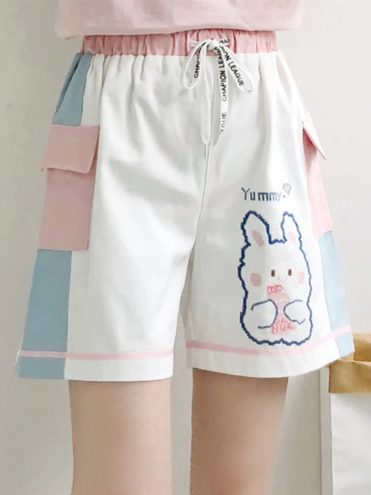 Rabbit Kawaii Y2K Pants Korean Style Cotton Trousers Women Embroidery High Waist Casual Girls Pink Shorts