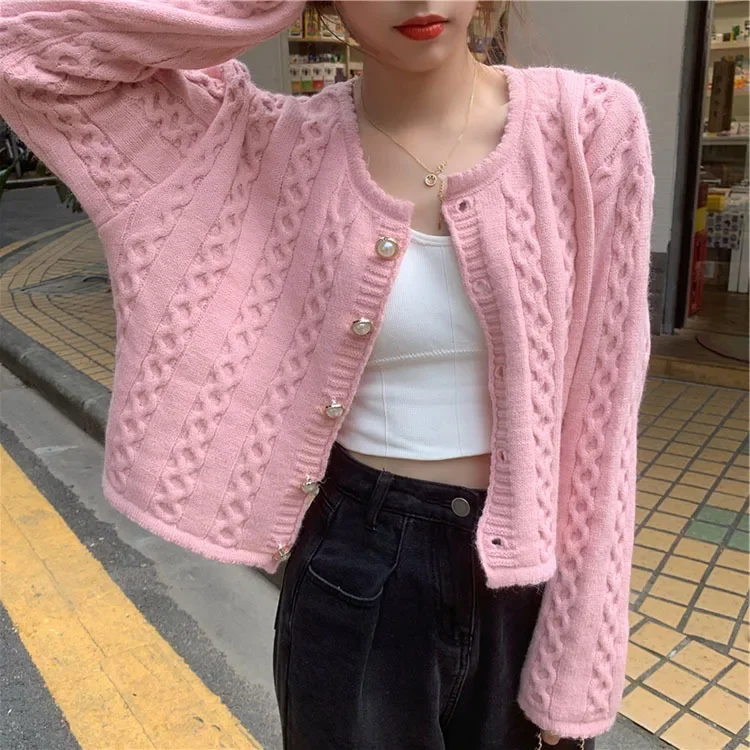 

Autumn Short Cardigan Korean Women Knitted Sweater Fashion Solid Long Sleeve O-neck Sweater Elegant Outerwear Casual Knit Coats