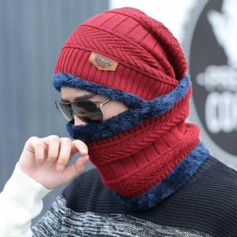 Coral Fleece Winter Hat Beanies Men's Hat Scarf Warm Breathable Cotton Blend Knitted Hat For Boys Letter Double Layers Cap Gorro images - 6