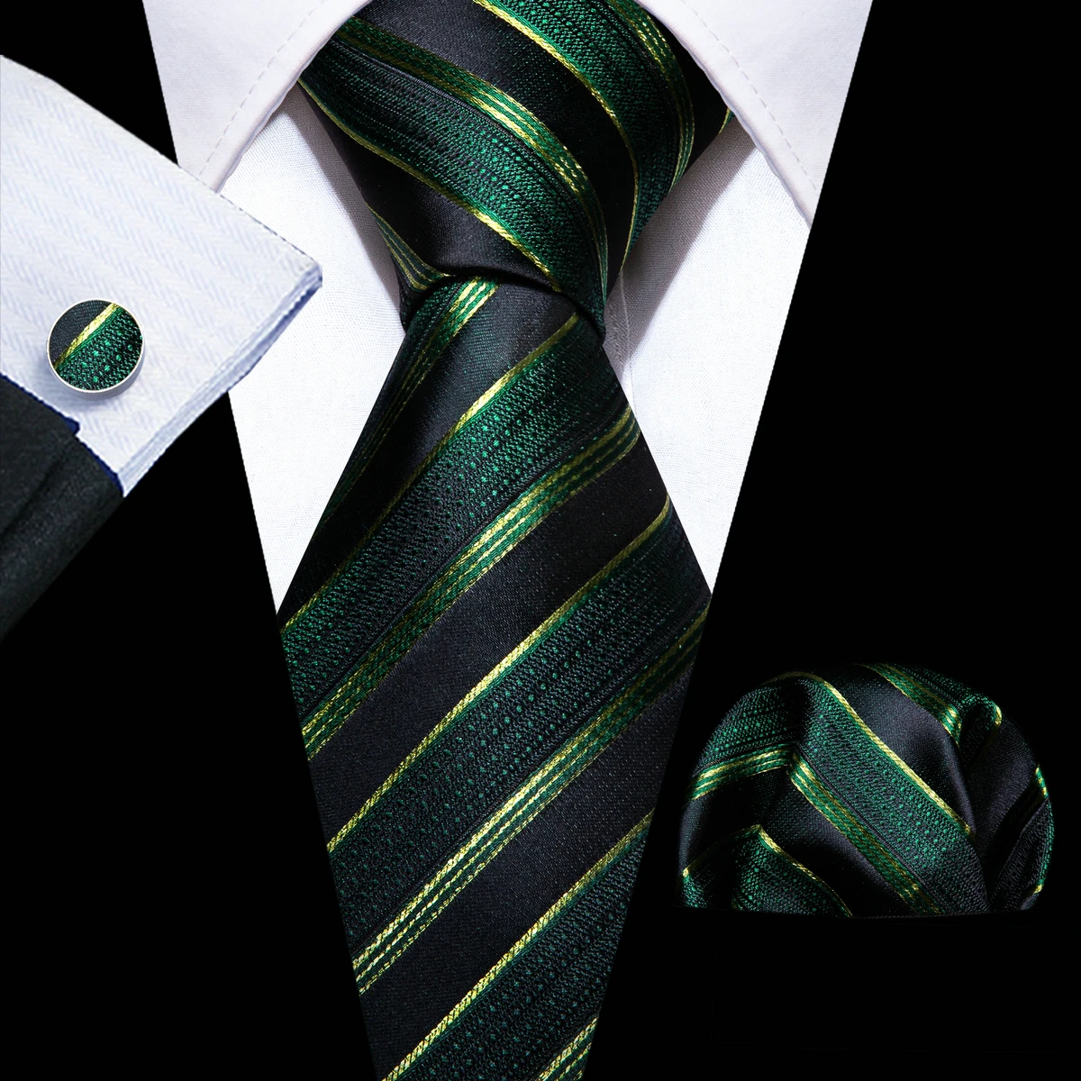 

Luxury Silk Men Tie Set Green Black Striped Necktie Pocket Square Cufflinks Wedding Busienss Gift Free Shipping Barry. Wang 6211