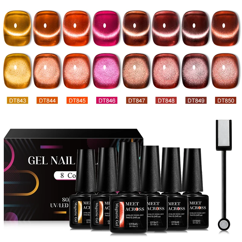 MEET ACROSS 8Pcs/Set Magic Cat Magnetic Gel Polish With Magnetic Stick Sea Blue Nail Art Gel Varnish Manicure Set For Nails 3