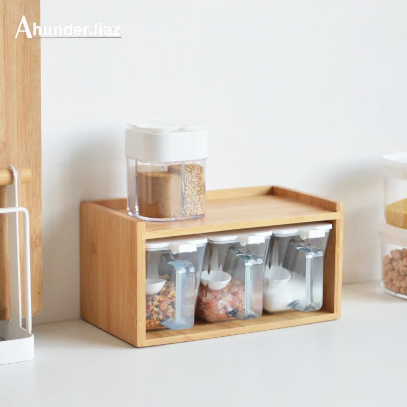 

Seasoning Jar Set with Handle, Household Plastic Seasoning Box, Bamboo, Simple Style, Kitchen Tool