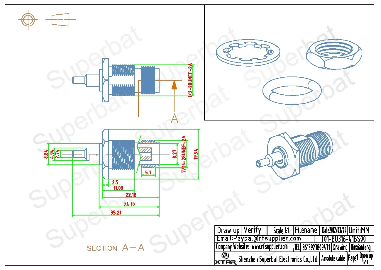 Superbat TNC Crimp Female Bulkhead O-Ring RF Coaxial Connector for RG174 RG178 RG316 LMR100 Coaxial Cables - Cable Connector