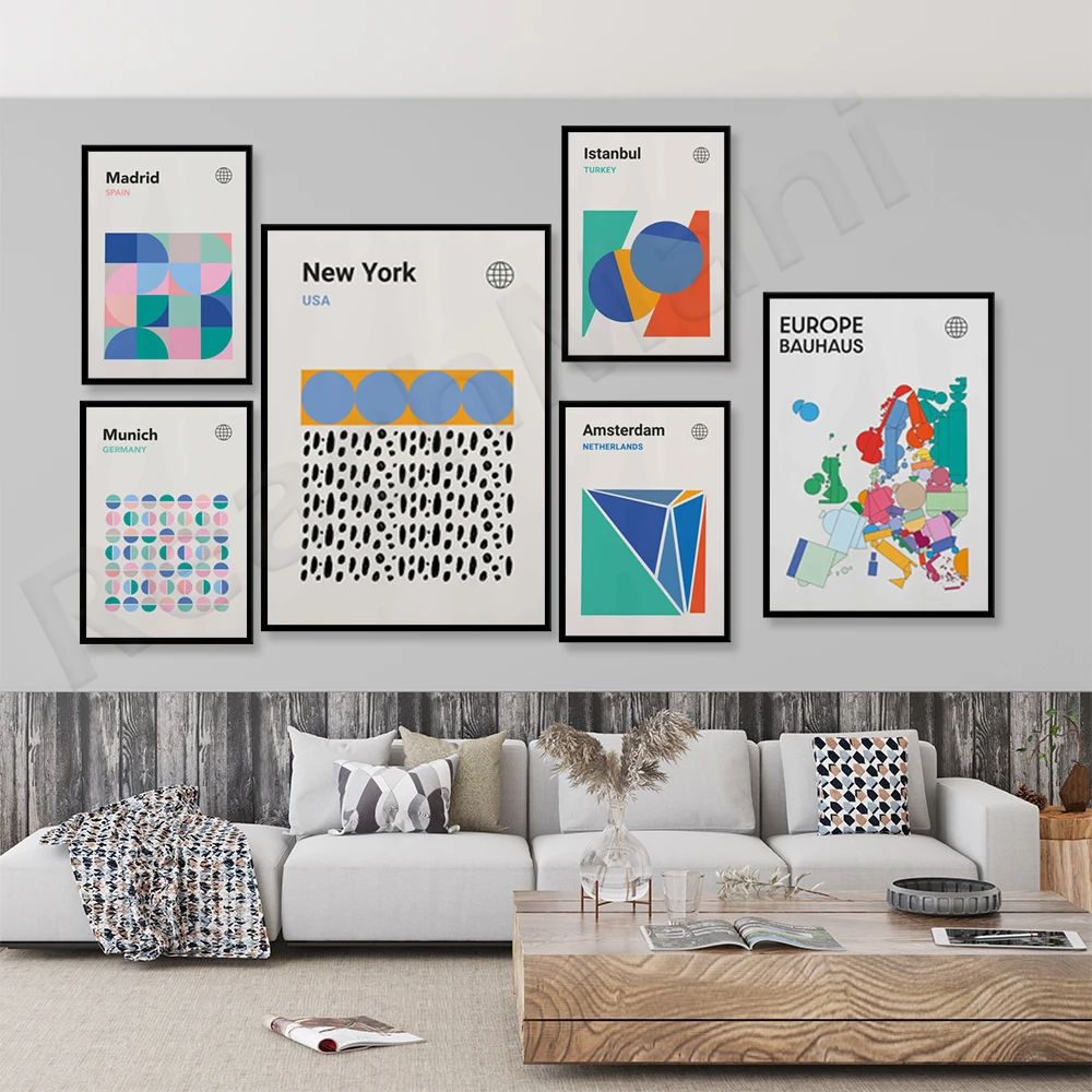 Mappa Europa, New York, Monaco Di Monaco, Germania, Italia, Venezia, Madrid, Tokyo, Amsterdam, Istanbul Bauhaus Poster Mid-Century Travel Poste