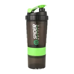 Triple Layer Protein Shaker Bottle with Integrated Medicine Box - 550ml Fitness Mixing Cup - 500 - 600ml (Green1)