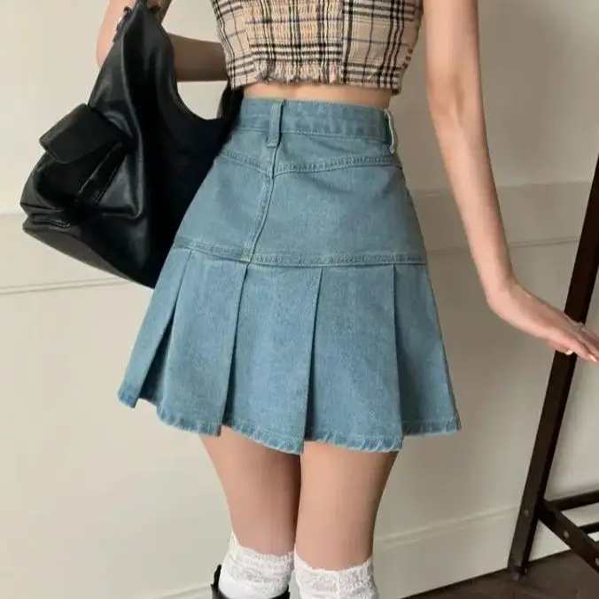 Mini saia jeans de cintura alta feminina, Harajuku Y2K plissada, azul estilo japonês coreano, roupas de moda casual, nova, verão, 2022