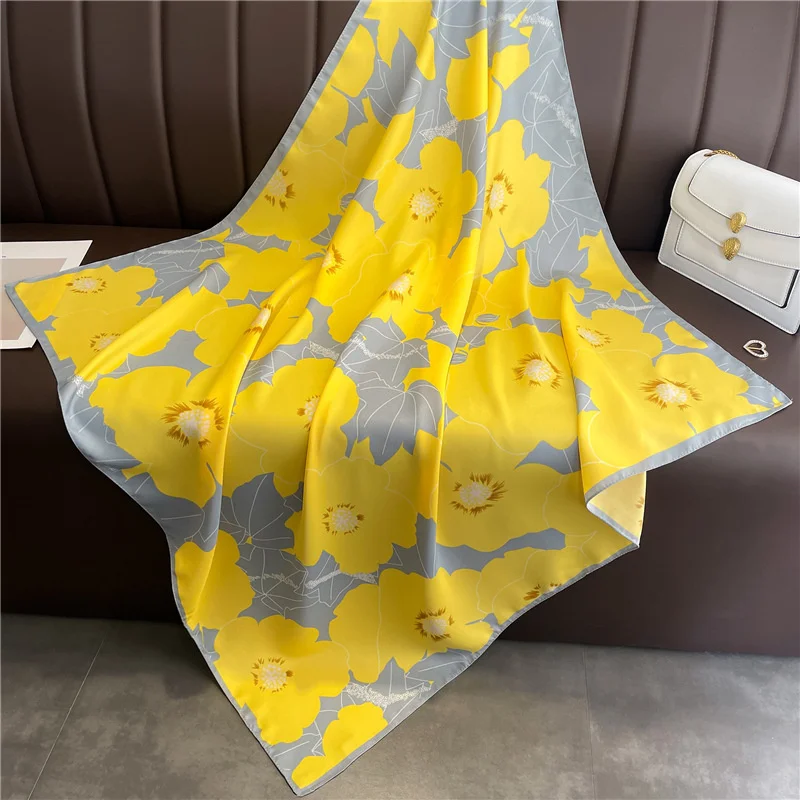 2024 New Silk Scarf Flower Color Matching Scarf Twill Silk Square Scarf 90cm Travel Sunscreen Shawl Headscarf Female 2