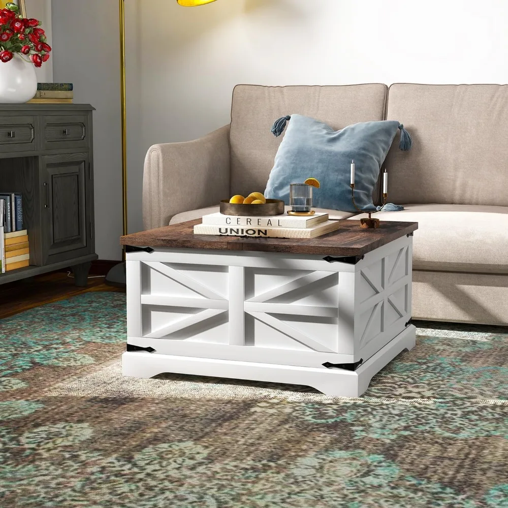 Modern Farmhouse Coffee Table Square Wood Center Table with Storage Space Metal Corners Z Shape Table 3