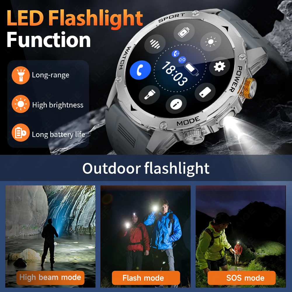 LIGE New 1000mAh Big Battery Smart Watch Men LED Flashlight