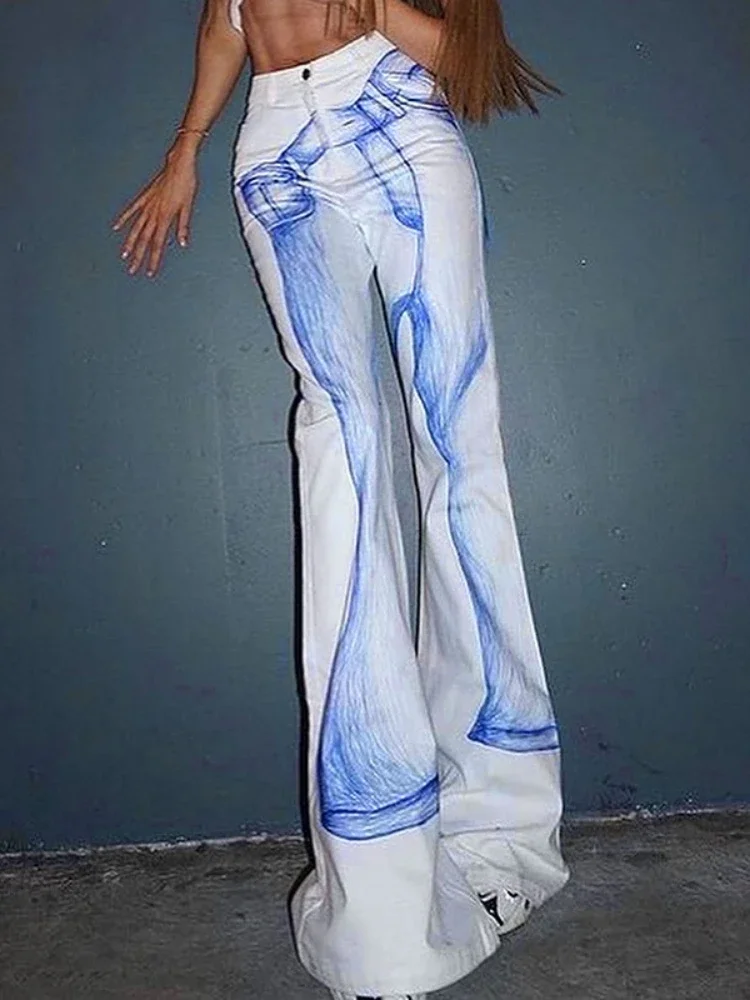 

Fashion Printing Flare Pants Casual Streetwear Women Y2k Clothes Low Waist Trousers Long Pantalones De Mujer Slim Roupa Feminino
