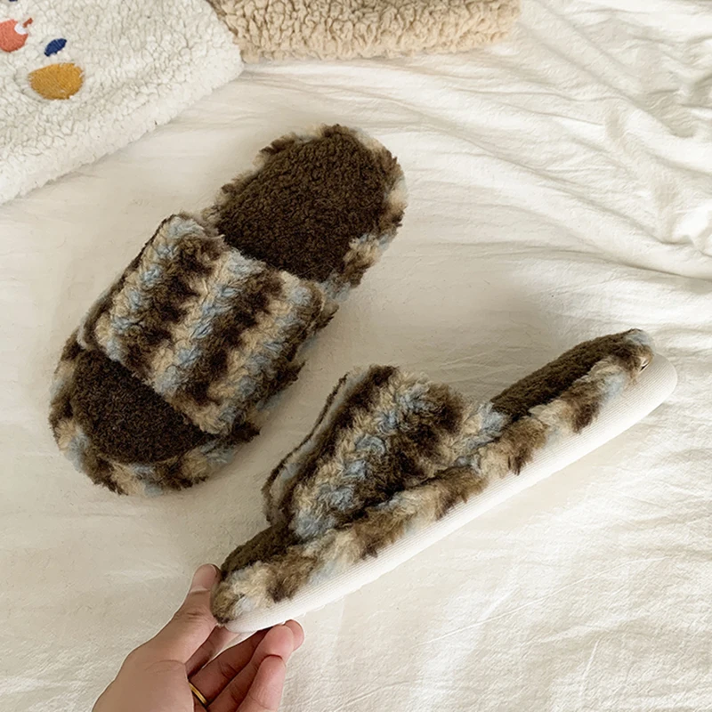 Korean Patchwork Fluffy Home Slippers Woman Indoor Soft Sole Open Toe Cotton Slippers Woman Fashion Non Slip Warm House Slides
