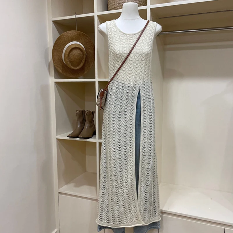Vestido de punto de verano para mujer, color liso, con escote redondo, sin mangas, con abertura en el dobladillo, vestido de ganchillo, vestidos de fiesta de los años 2000