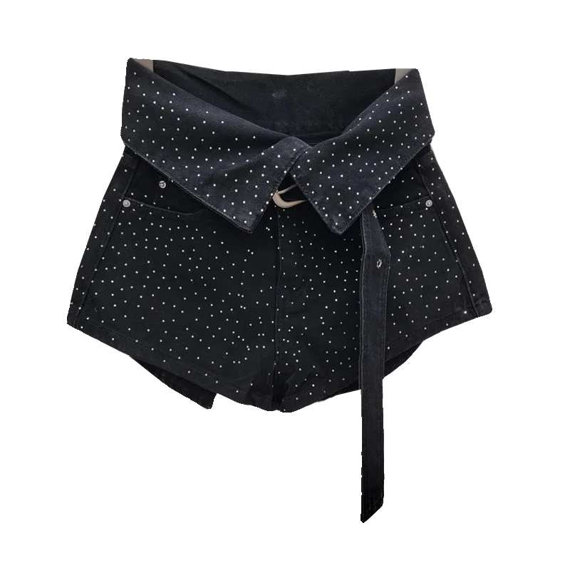 Heavy Embroidery Hot Drilling Black Denim Shorts Flanging Design Irregular High Waist 2024 New Spring and Summer Clothing Women
