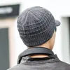 Men's Skullies Beanies with Visor for Warmth Winter Knit Earmuffs Thick Wool Lined Skull Ski Baseball Cap Winter Outdoor Riding 4
