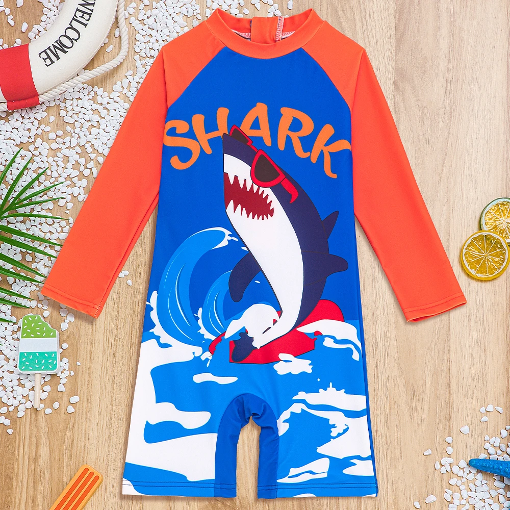 Kids Swimsuits Toddler Baby Boys Swimwear One Piece Swimsuit Water Sport Surfing Swim Shirt Lovely Cartoon Shark Prints Bathing Suit