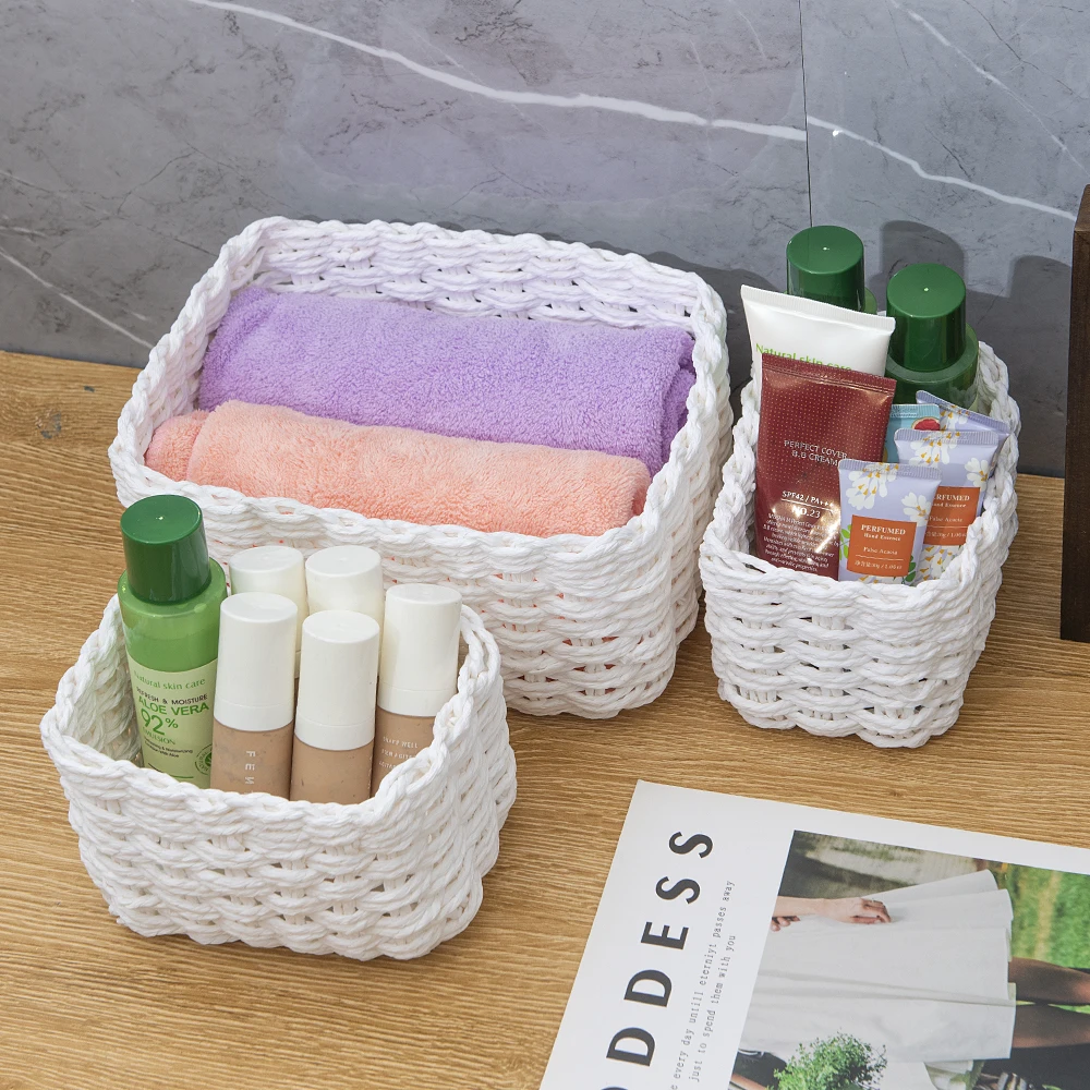 Handmade Straw Woven Soft Storage Round Paper Rope Storage Basket for Organizing 3pcs Office Box