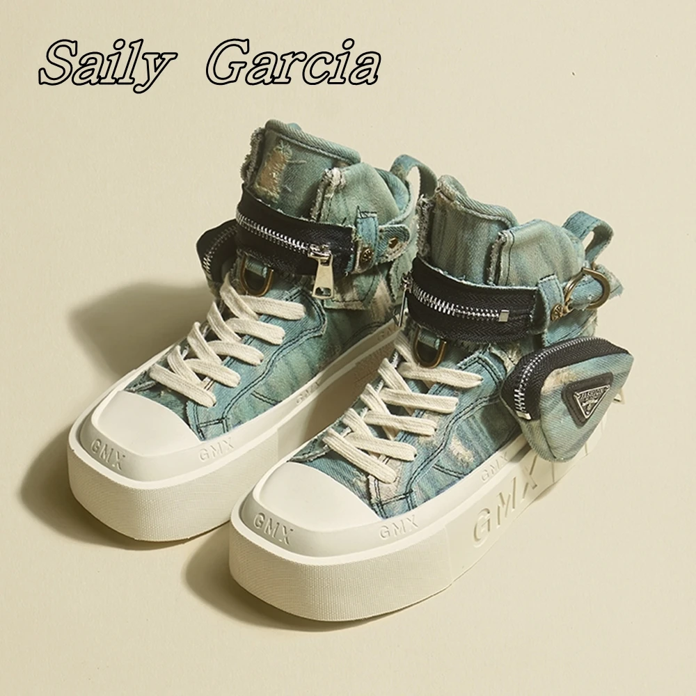 

Retro Denim Blue Side Pocket Bag Thick Bottom Vulcanized Shoes Summer New Fringe Sexy Women Shoes Mixed Color Round Toe Shoes