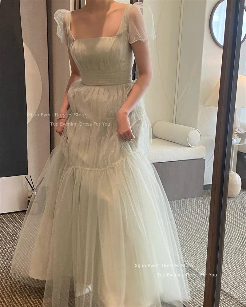 Xijun Fairy Tulle a 라인 웨딩 드레스 퍼프 반팔 댄스 파티 드레스 한국 2023 여성을위한 바닥 길이 신부 파티 드레스