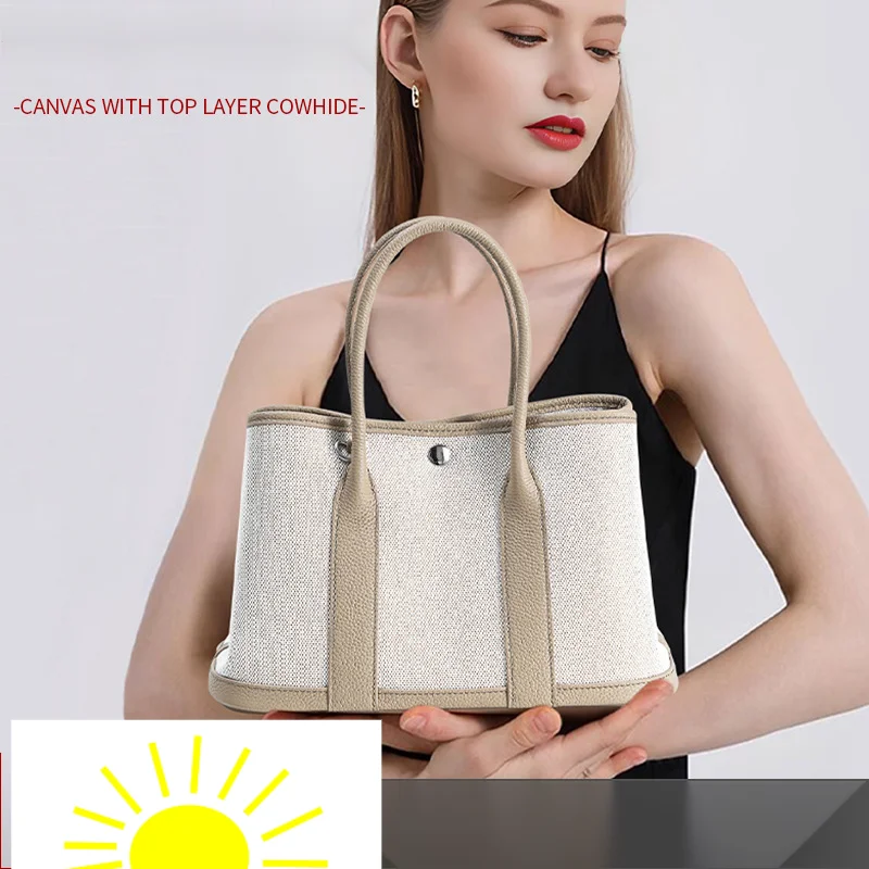 Canvas with top layer cowhide women's bag, garden handbag, high-quality high-capacity leather contrasting single_voghion.com