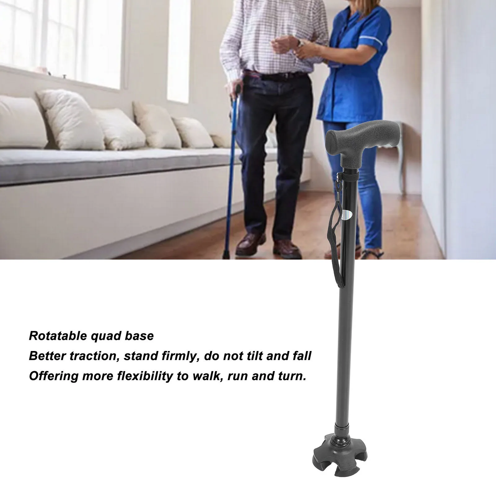 Walking cane adjustable height anti slip lightweight retractable senior walking stick 4 pronged base for mountaineering