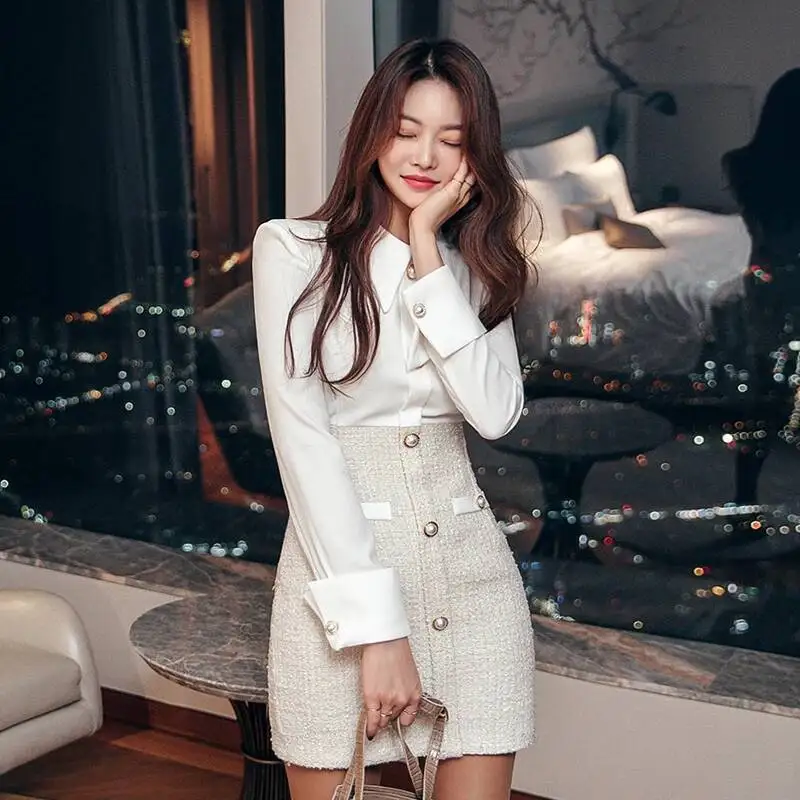 Office Lady Korean Style Turndown Collar Long Sleeve Elegant Dress