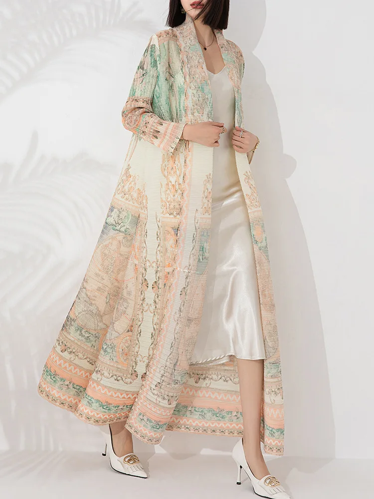 2024 Fashion Women Windbreaker Loose Printed Cardigan Long Lapel Pleated Stretch Jacket