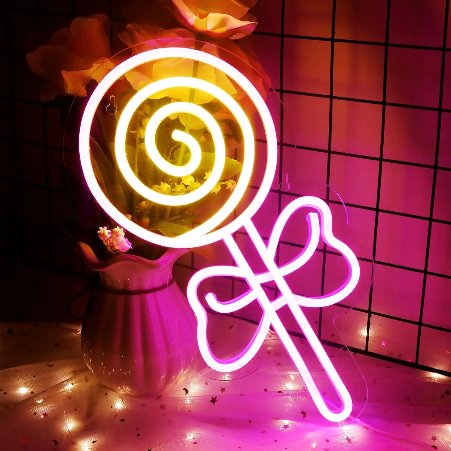 

Lollipop Pink Neon Sign - Dimmer Neon Signs for Wall DecorInch, USB Powered Coloured LED Neon Lights for Bedroom, Boys Girls