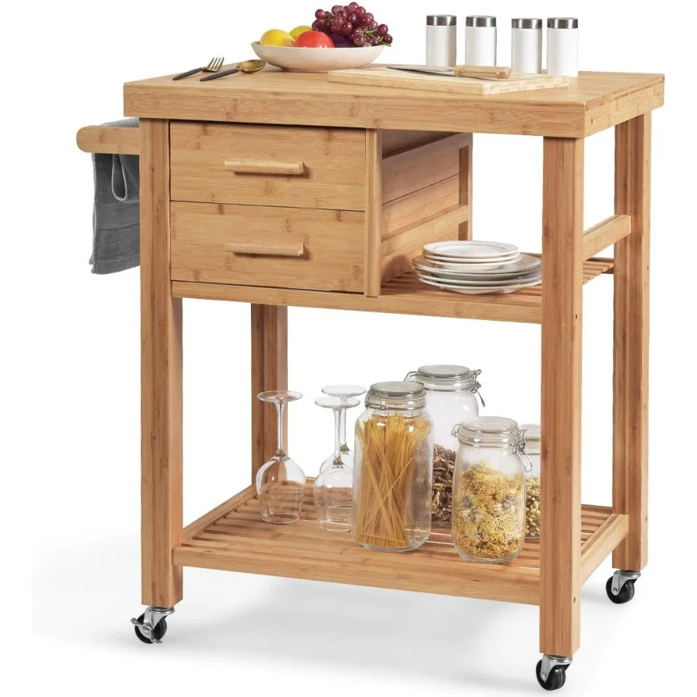 Kitchen Island, Bamboo Island Cart, Kitchen Trolley Cart on Wheels, Rolling Cart, 2 Drawers, Towel Rack, Casters