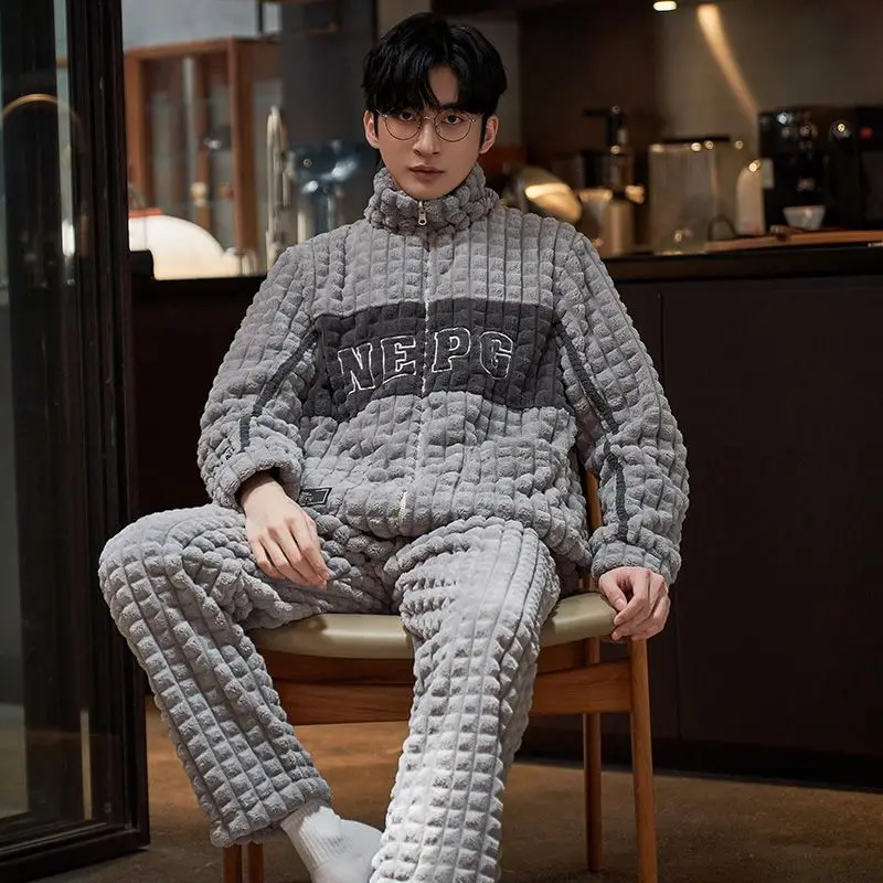 Autumn Winter Men Pajamas Coral Fleece Fleece-lined Thickened Male Nightgown Suit Flannel Hooded Large Size Warm Homewear Sets