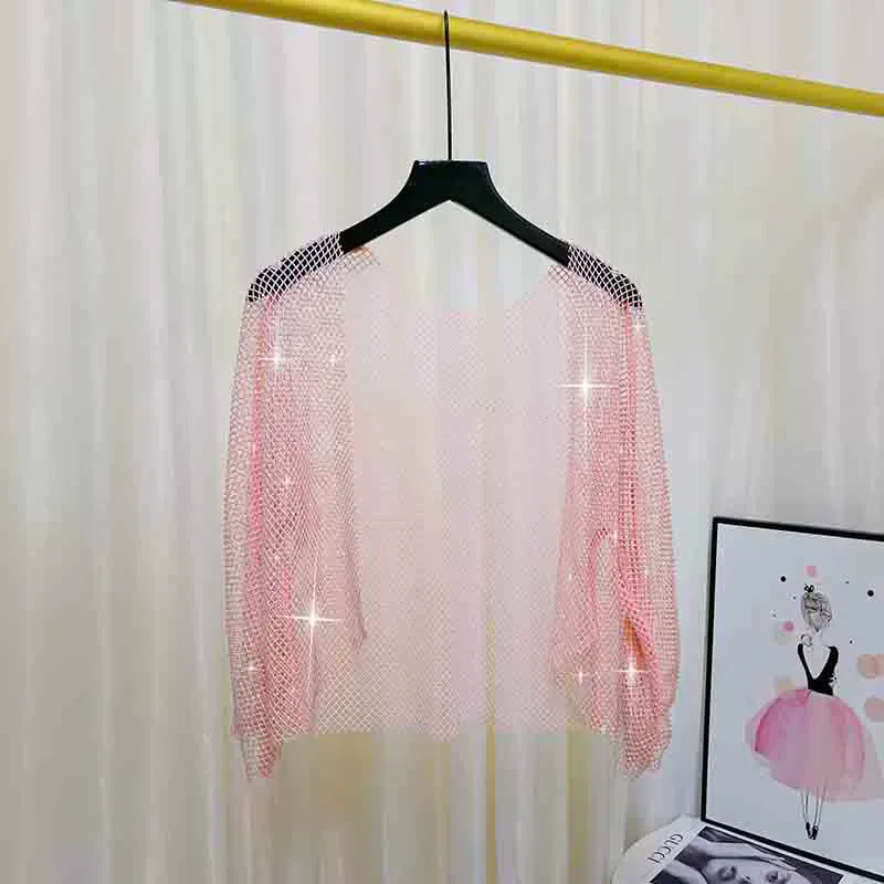 Streetwear Sexy Funkelnden Diamant Kristall Mesh Top Oberbekleidung Frauen T-Shirt Temperament Strickjacke Bodenbildung Shirt Y2K Kleidung – Detail 6