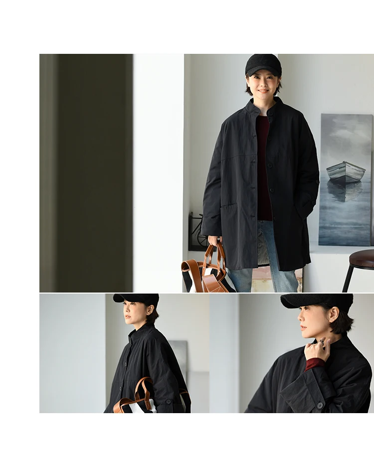 F92220 Artistic Casual Stand-Up Collar Oversize Adjustable Wide-Sleeve Cotton Jacket Coat for Women Winter