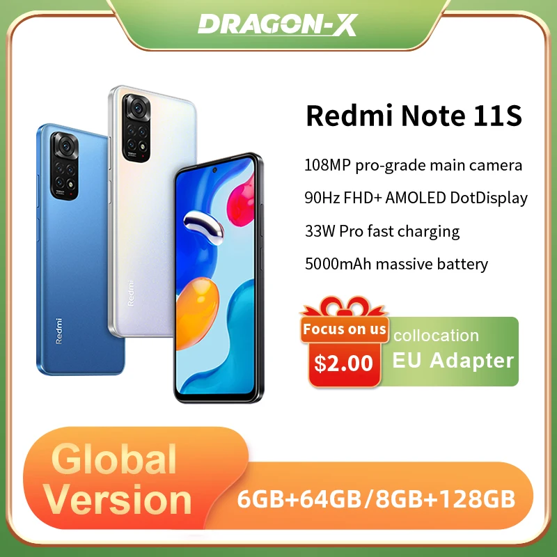 Глобальная версия смартфона Xiaomi Redmi Note 11S Helio G96 Octa Core 33W Pro Быстрая зарядка 108MP Quad