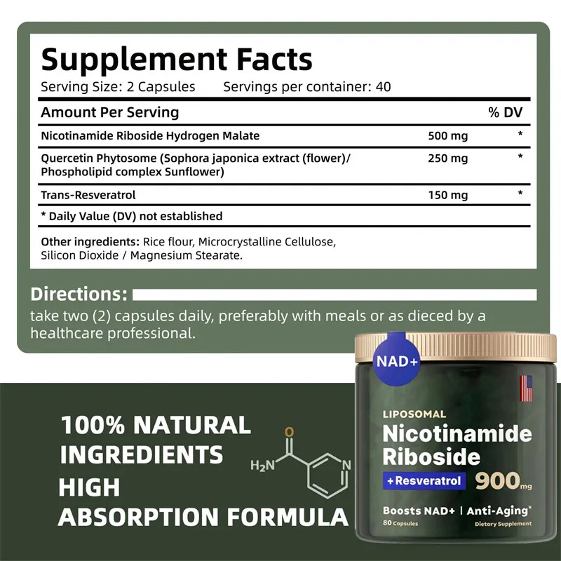 NAD+ Supplement Capsules 900mg Liposomal Nicotinamide Riboside with Resveratrol & Quercetin for Anti-Aging Energy