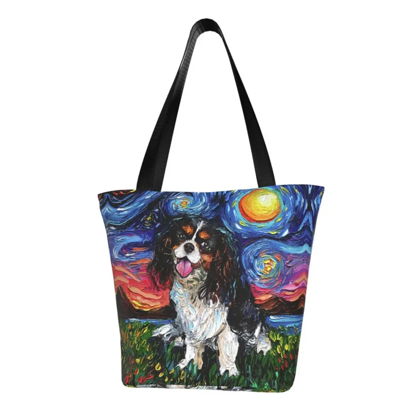 Cavalier King Charles Spaniel Starry Night Shopping Bag Shoulder Canvas Tote Bag Portable Pet Dog Lover Grocery Shopper Bags