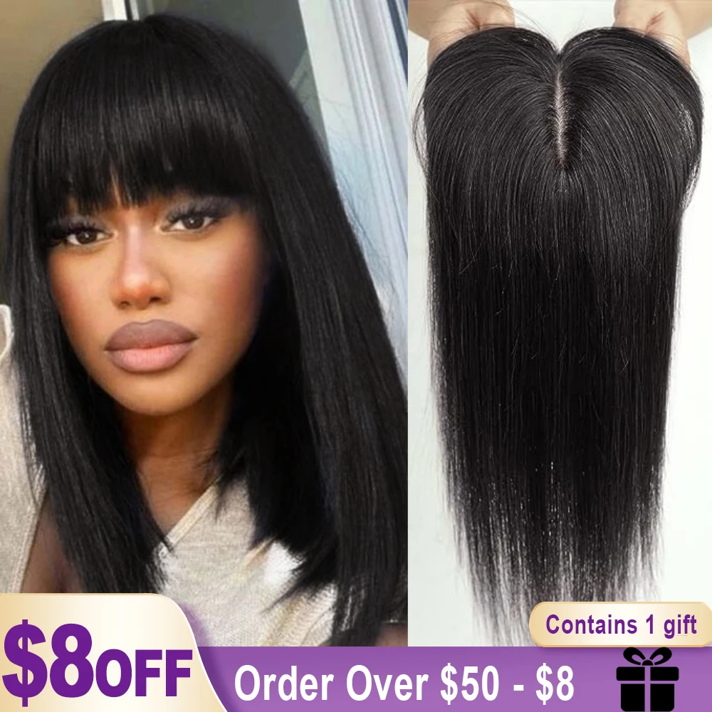 

Black 100% Remy Human Hair Toppers with Bangs Silk Base Clip in Topper Top Hair in Natural Hair Extension for Women Afro 14inch