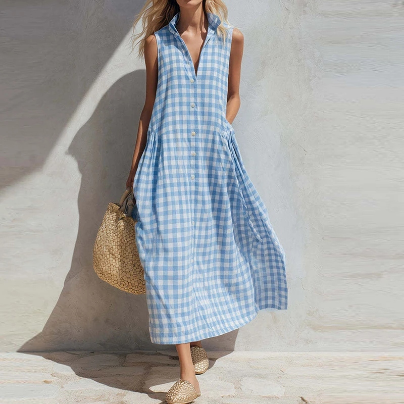 Retro Plaid Printed Sleeveless V Neck Beach Holiday Dress Women Plaid Printed Pocket Maxi Dresses Women Casual Long Dress Red
