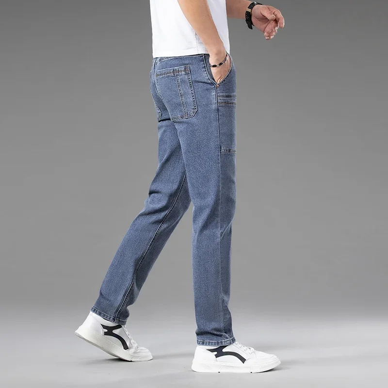 Multi-bag Design Large Capacity Straight Leg Stretch Jeans Classic Style Blue Slim Cotton Elastic Regular Fit Denim Pants