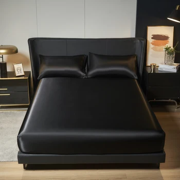 1/3Pc Satin Fitted Sheet Solid Colour Single Twin Full Queen King Ice Silk Mattress Cover Natural With Elastic Band Bed Sheet 1
