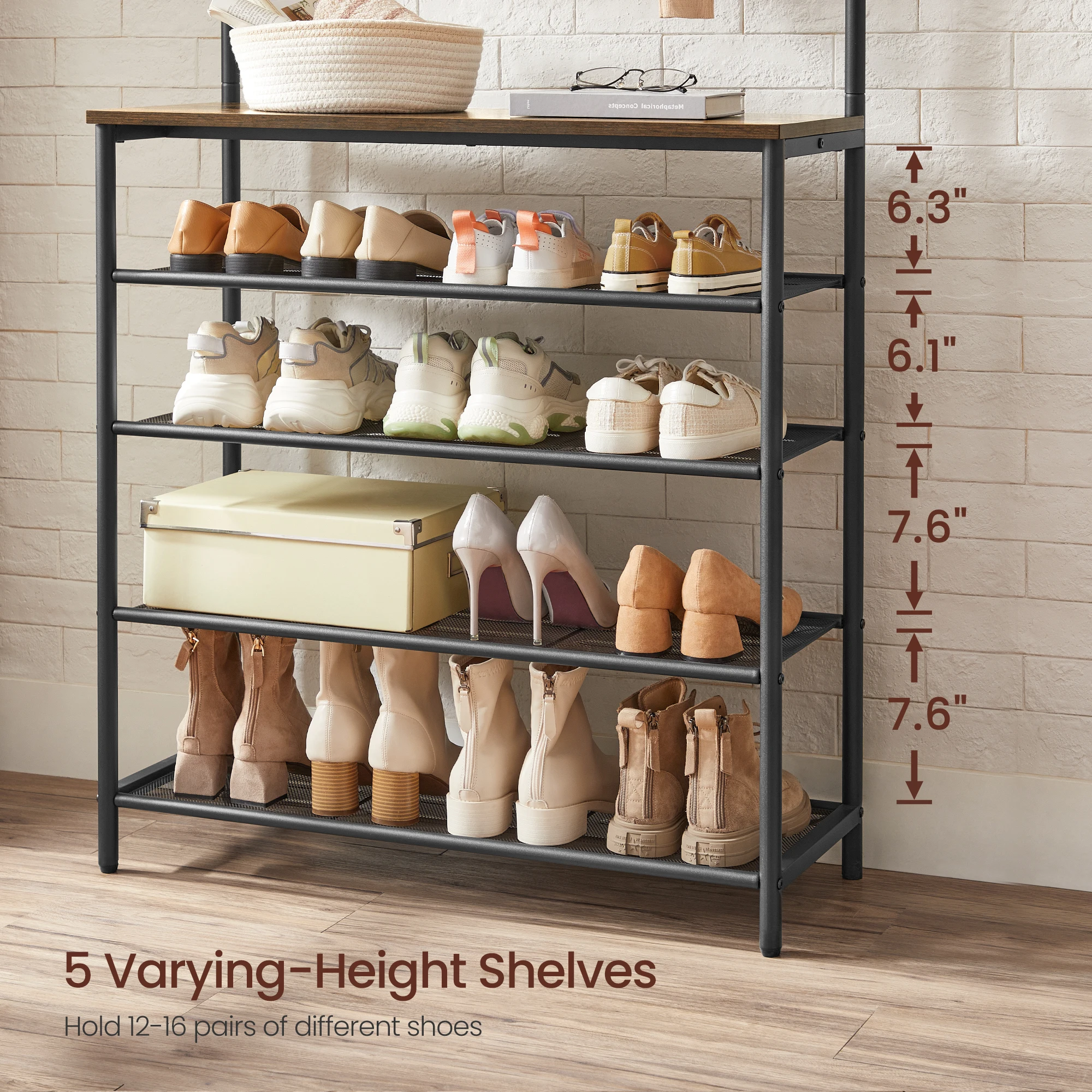 VASAGLE Hall Tree With Shoe Bench, Coat Rack Shoe Bench, 5-Tier Shoe Rack Different Heights, 5 Dual Hooks, Top Shelf,Entryway 4