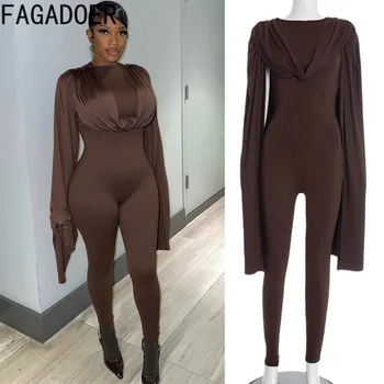 FAGADOER Fashion Tassel Patchwork Bodycon Jumpsuits Woman Solid Color Irregular Sleeves Rompers Female Streetwear Overalls New