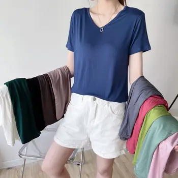 Summer V-neck Tshirt Elegant Tee tops Casual loose Bottoming T-shirts Solid color Fashion Top All match 1