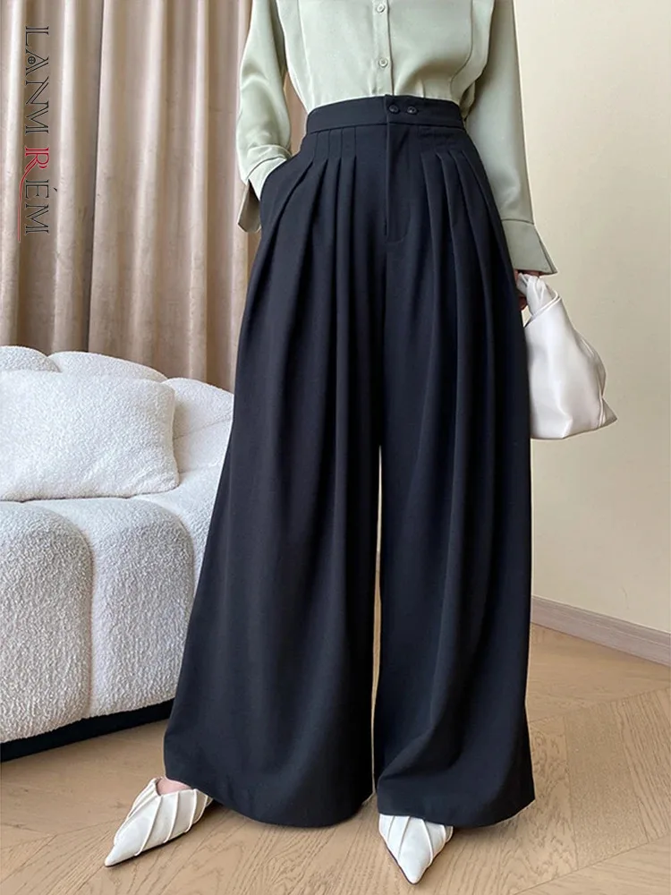 

[LANMREM] Pleated Design Office Lady Wide Leg Pants For Women 2024 Spring New High Waist Casual Loose Female Trousers 26D7397