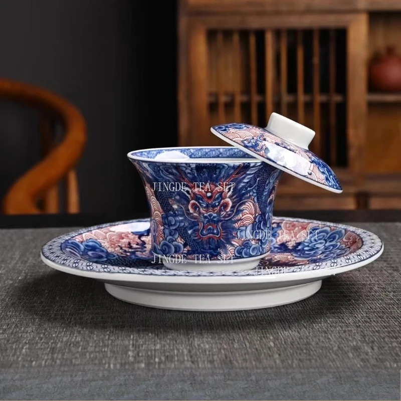 160ml Jingdezhen Ceramic Blue and White Dragon Pattern Bowl Cover Chinese Household Three Piece Tea Bowl Set Hoverable Lid Bowl
