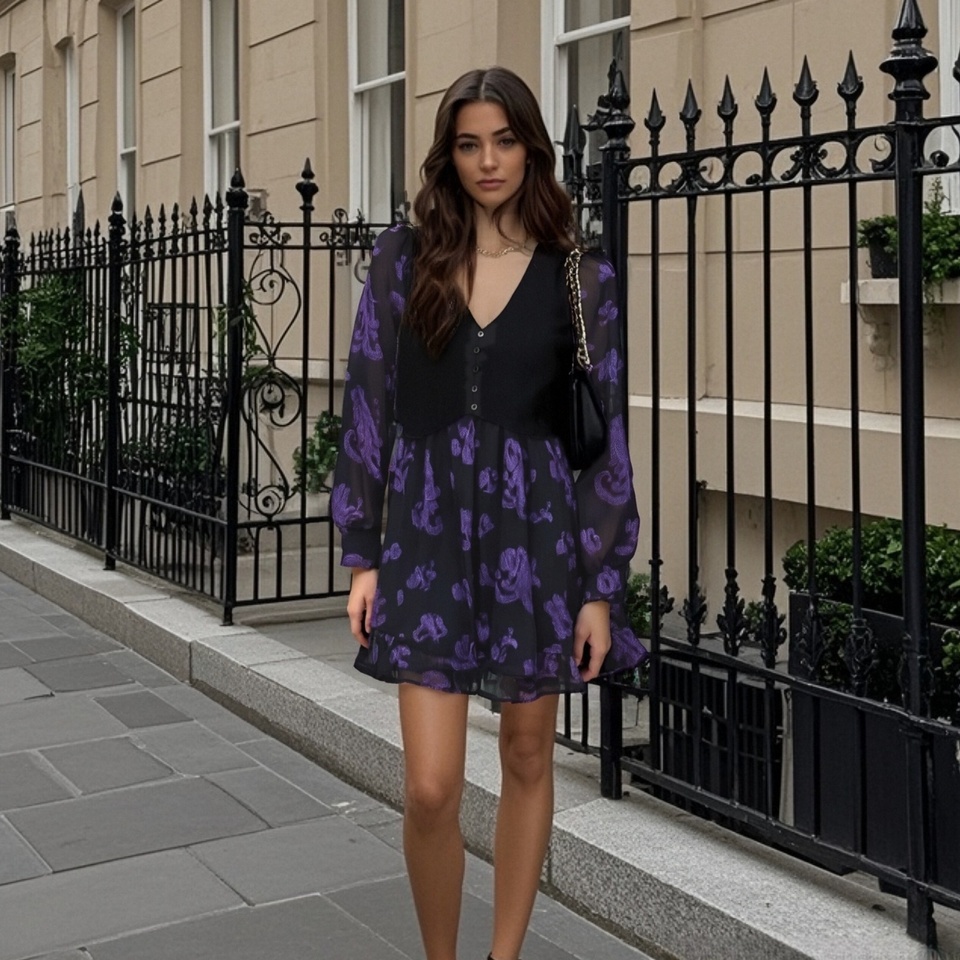 PB&ZA 2025 Women's Mini Dress with V - neck Black Vest - like Bodice Long Puff Sleeves and Purple Paisley Print Ruffled Hem