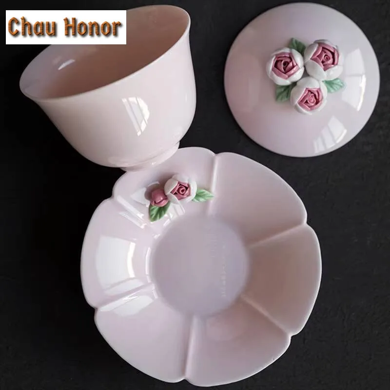 100ml Jade Mud Powder Hand Pinching Flowers Sancai Covered Bowl Ceramic Household Tea Bowl Kung Fu Tea Set Infuser Accessories