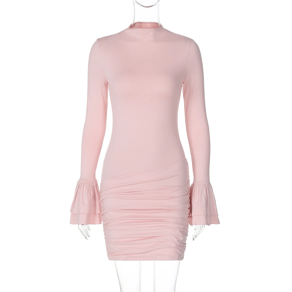 O Neck Long Flare Sleeve Bodycon Mini Dress Solid Ruched Elegant Evening Sweet Party Dresswholesale Korean Clothes